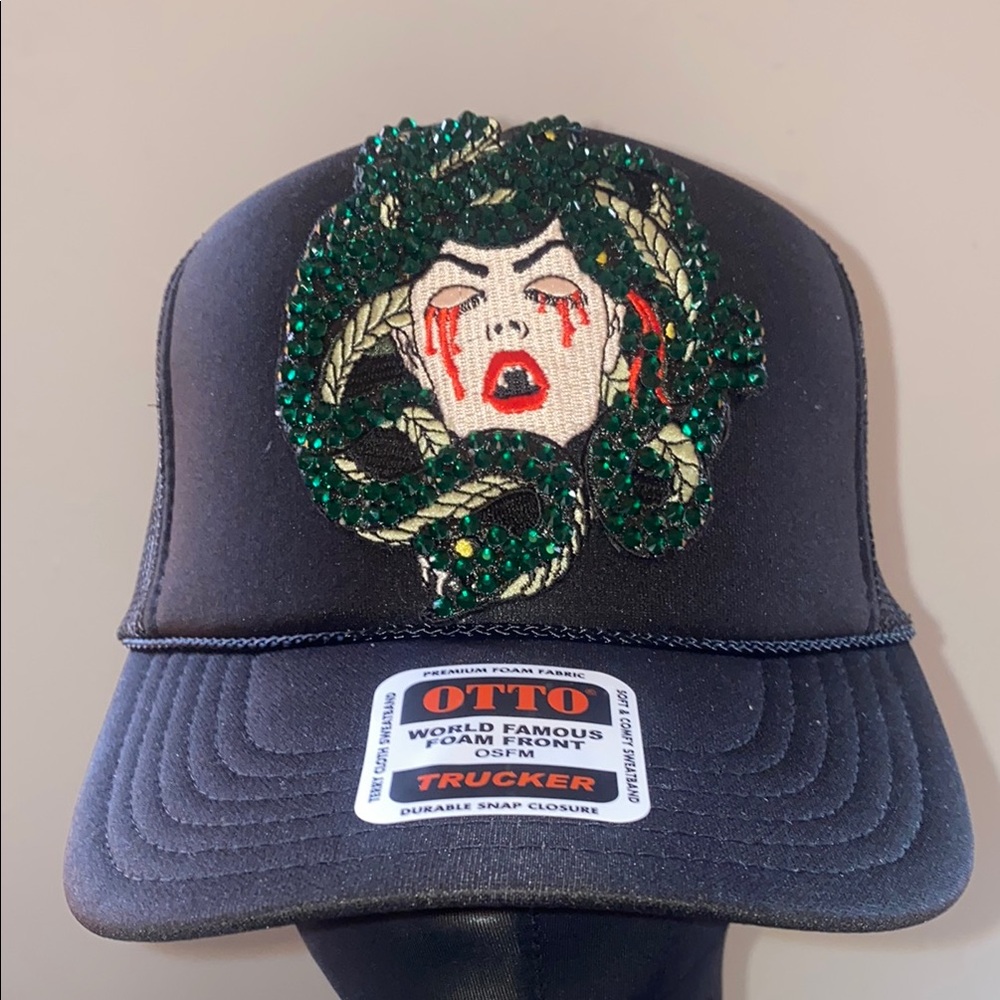 OTTO Black and Green MEDUSA HEAD TRUCKER/SNAPBACK with Structured Front.